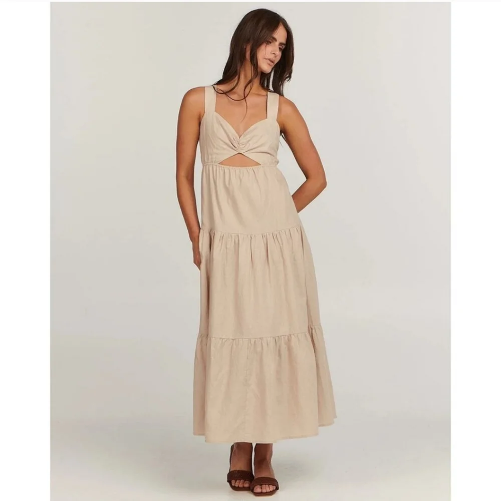 Charlie Holiday Lilian Linen Tiered Cutout Sleeveless Midi Dress